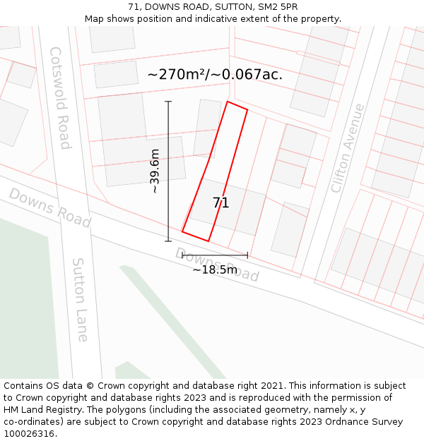 71, DOWNS ROAD, SUTTON, SM2 5PR: Plot and title map