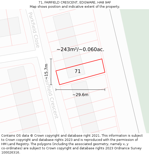 71, FAIRFIELD CRESCENT, EDGWARE, HA8 9AF: Plot and title map