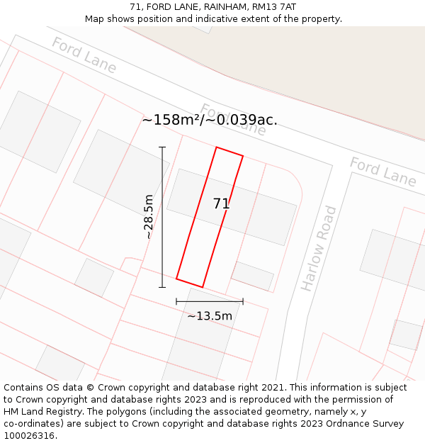 71, FORD LANE, RAINHAM, RM13 7AT: Plot and title map