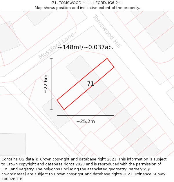 71, TOMSWOOD HILL, ILFORD, IG6 2HL: Plot and title map
