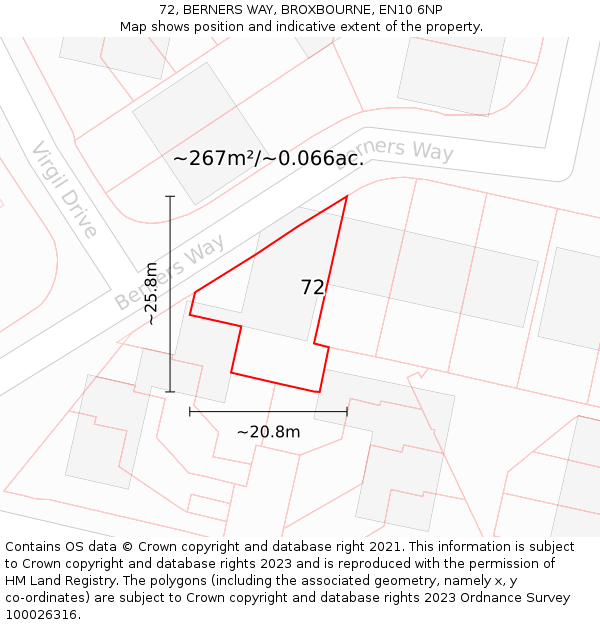 72, BERNERS WAY, BROXBOURNE, EN10 6NP: Plot and title map