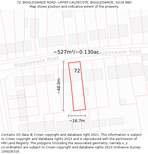 72, BIGGLESWADE ROAD, UPPER CALDECOTE, BIGGLESWADE, SG18 9BD: Plot and title map