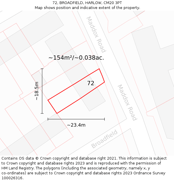 72, BROADFIELD, HARLOW, CM20 3PT: Plot and title map