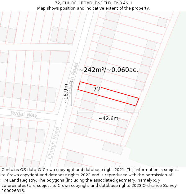 72, CHURCH ROAD, ENFIELD, EN3 4NU: Plot and title map