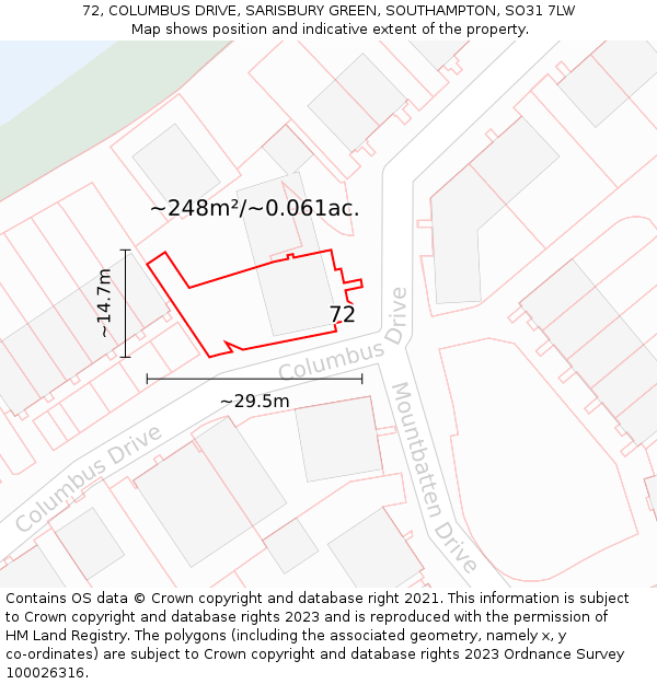 72, COLUMBUS DRIVE, SARISBURY GREEN, SOUTHAMPTON, SO31 7LW: Plot and title map