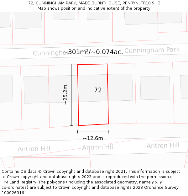 72, CUNNINGHAM PARK, MABE BURNTHOUSE, PENRYN, TR10 9HB: Plot and title map