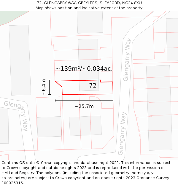 72, GLENGARRY WAY, GREYLEES, SLEAFORD, NG34 8XU: Plot and title map