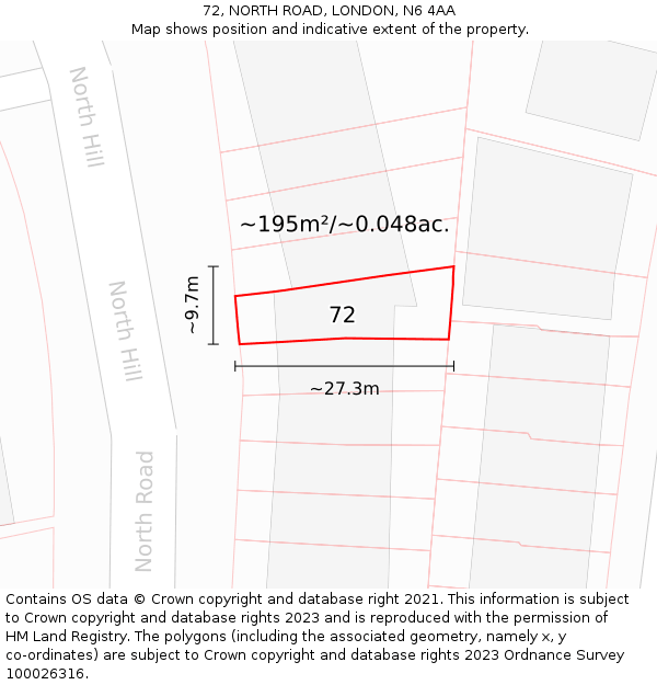72, NORTH ROAD, LONDON, N6 4AA: Plot and title map