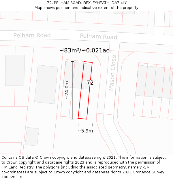 72, PELHAM ROAD, BEXLEYHEATH, DA7 4LY: Plot and title map