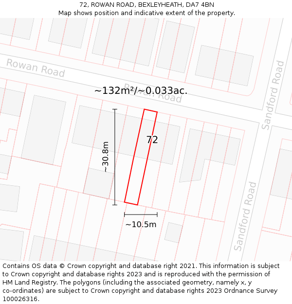 72, ROWAN ROAD, BEXLEYHEATH, DA7 4BN: Plot and title map
