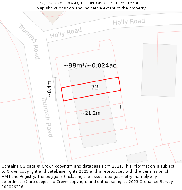 72, TRUNNAH ROAD, THORNTON-CLEVELEYS, FY5 4HE: Plot and title map