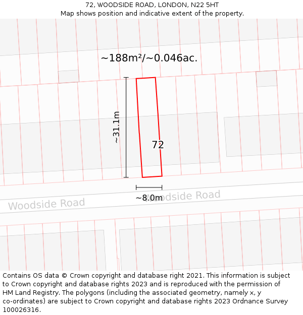 72, WOODSIDE ROAD, LONDON, N22 5HT: Plot and title map
