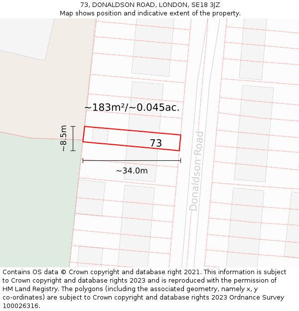 73, DONALDSON ROAD, LONDON, SE18 3JZ: Plot and title map