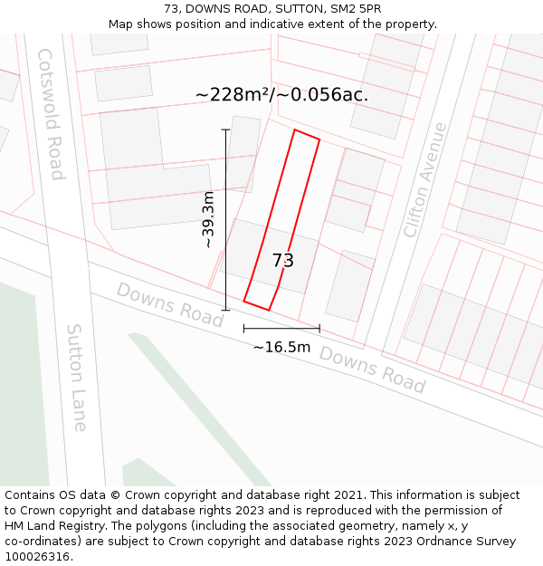 73, DOWNS ROAD, SUTTON, SM2 5PR: Plot and title map