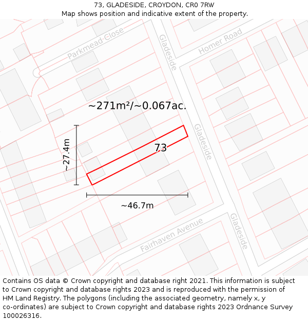 73, GLADESIDE, CROYDON, CR0 7RW: Plot and title map