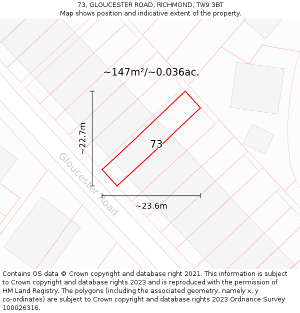 73, GLOUCESTER ROAD, RICHMOND, TW9 3BT: Plot and title map