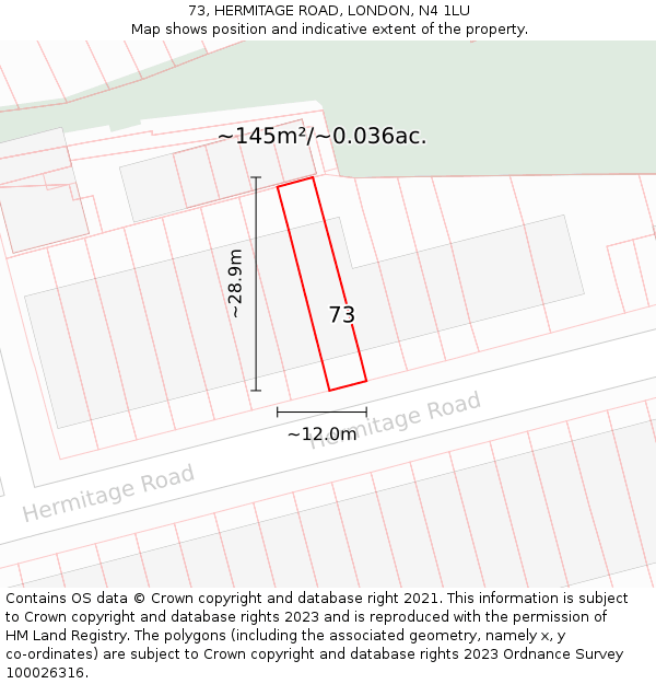 73, HERMITAGE ROAD, LONDON, N4 1LU: Plot and title map