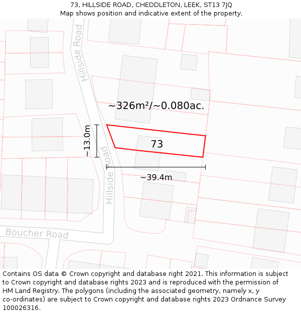73, HILLSIDE ROAD, CHEDDLETON, LEEK, ST13 7JQ: Plot and title map
