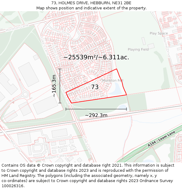 73, HOLMES DRIVE, HEBBURN, NE31 2BE: Plot and title map