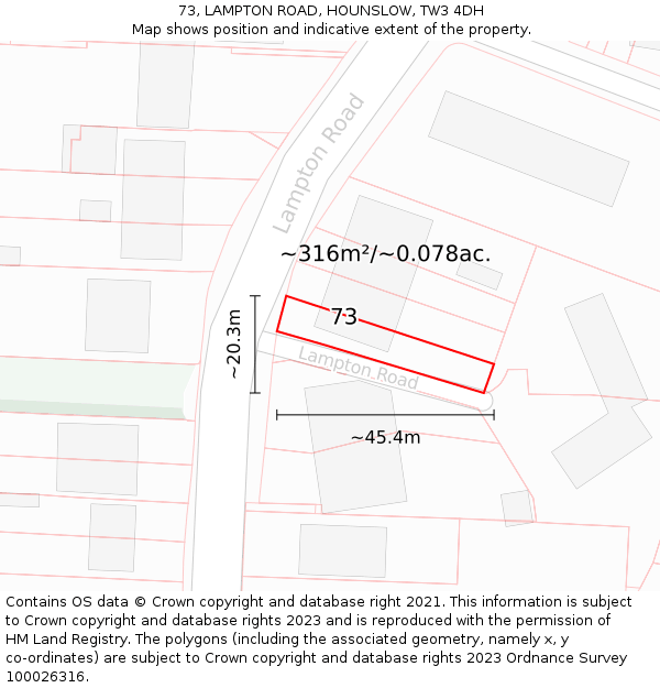 73, LAMPTON ROAD, HOUNSLOW, TW3 4DH: Plot and title map