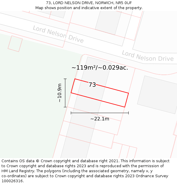 73, LORD NELSON DRIVE, NORWICH, NR5 0UF: Plot and title map