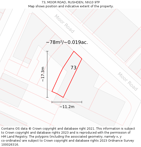 73, MOOR ROAD, RUSHDEN, NN10 9TP: Plot and title map