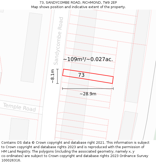 73, SANDYCOMBE ROAD, RICHMOND, TW9 2EP: Plot and title map