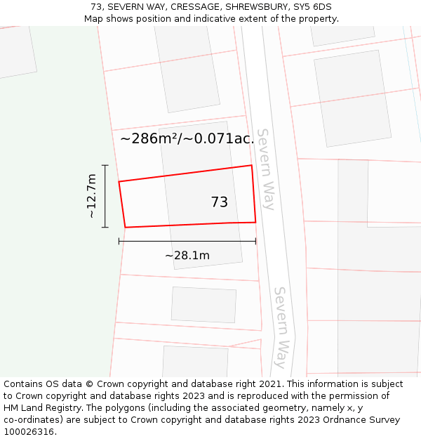 73, SEVERN WAY, CRESSAGE, SHREWSBURY, SY5 6DS: Plot and title map
