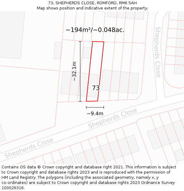 73, SHEPHERDS CLOSE, ROMFORD, RM6 5AH: Plot and title map