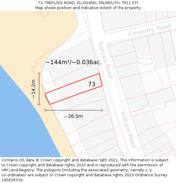 73, TREFUSIS ROAD, FLUSHING, FALMOUTH, TR11 5TY: Plot and title map