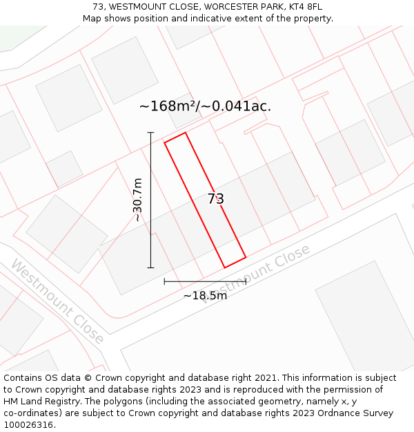 73, WESTMOUNT CLOSE, WORCESTER PARK, KT4 8FL: Plot and title map