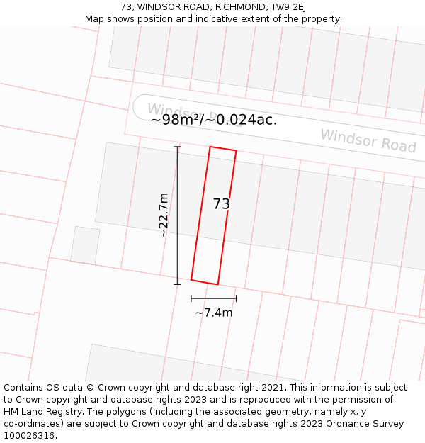 73, WINDSOR ROAD, RICHMOND, TW9 2EJ: Plot and title map