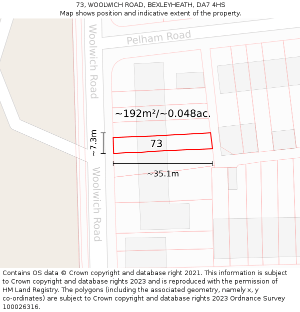 73, WOOLWICH ROAD, BEXLEYHEATH, DA7 4HS: Plot and title map