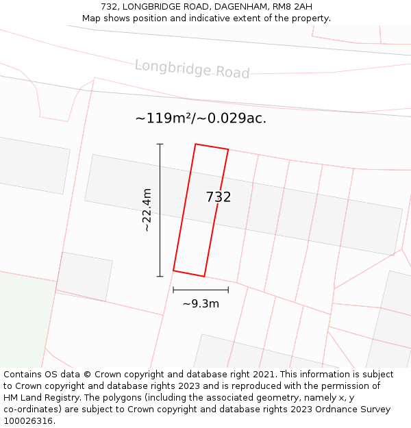 732, LONGBRIDGE ROAD, DAGENHAM, RM8 2AH: Plot and title map