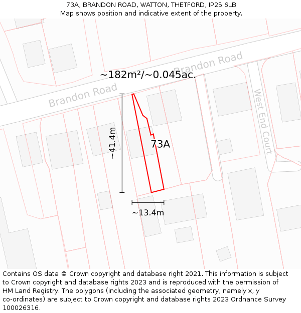 73A, BRANDON ROAD, WATTON, THETFORD, IP25 6LB: Plot and title map