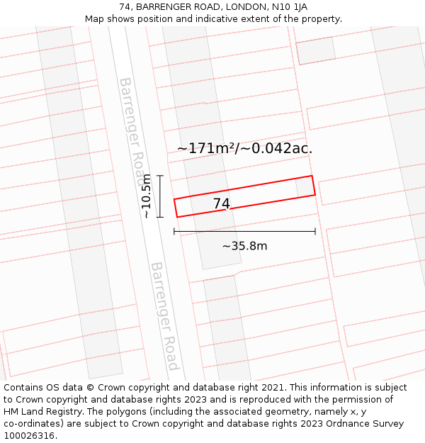 74, BARRENGER ROAD, LONDON, N10 1JA: Plot and title map
