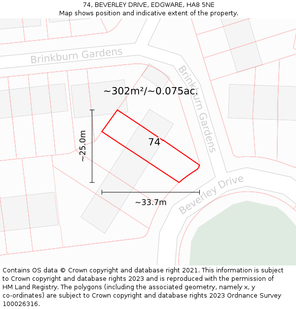 74, BEVERLEY DRIVE, EDGWARE, HA8 5NE: Plot and title map