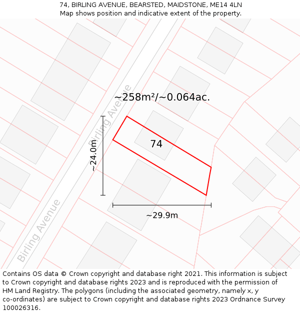 74, BIRLING AVENUE, BEARSTED, MAIDSTONE, ME14 4LN: Plot and title map