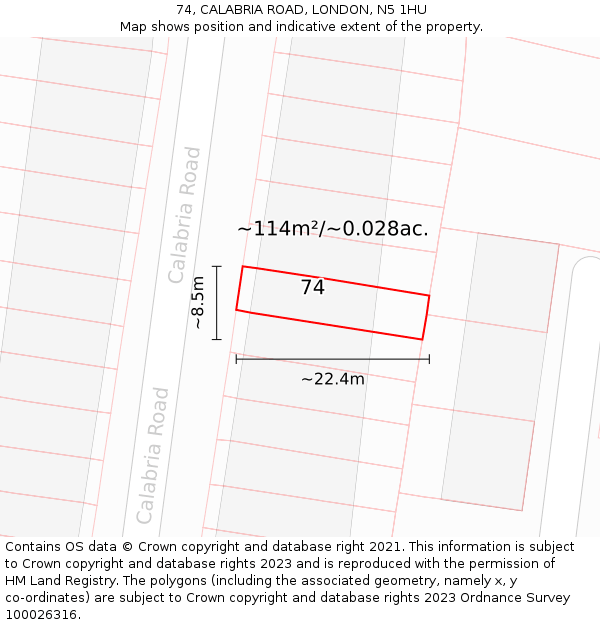 74, CALABRIA ROAD, LONDON, N5 1HU: Plot and title map