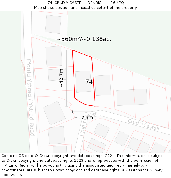74, CRUD Y CASTELL, DENBIGH, LL16 4PQ: Plot and title map