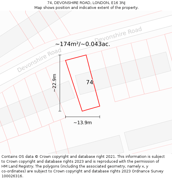 74, DEVONSHIRE ROAD, LONDON, E16 3NJ: Plot and title map
