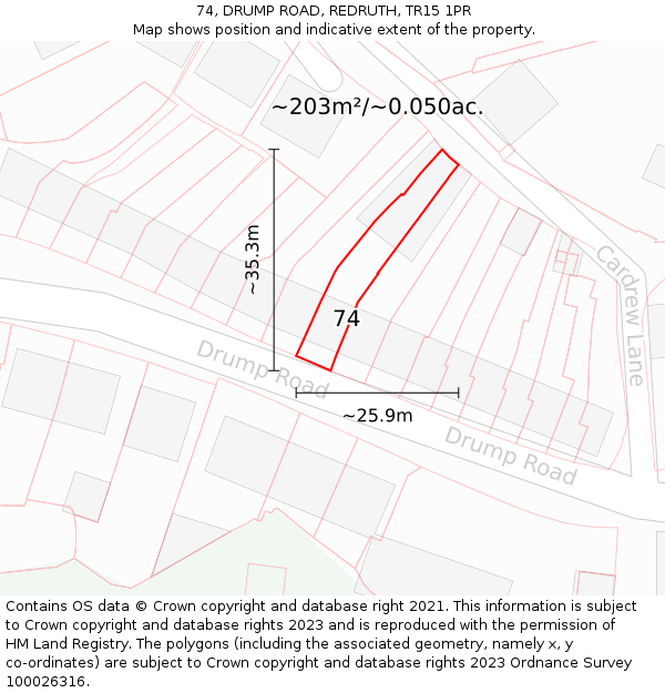 74, DRUMP ROAD, REDRUTH, TR15 1PR: Plot and title map