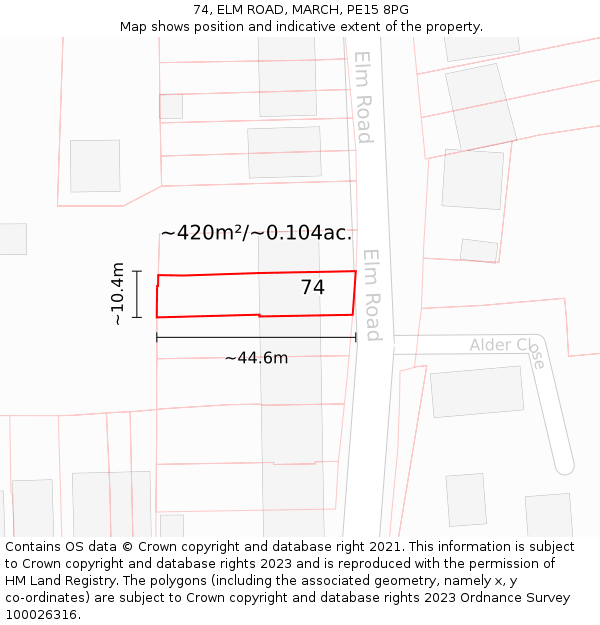 74, ELM ROAD, MARCH, PE15 8PG: Plot and title map