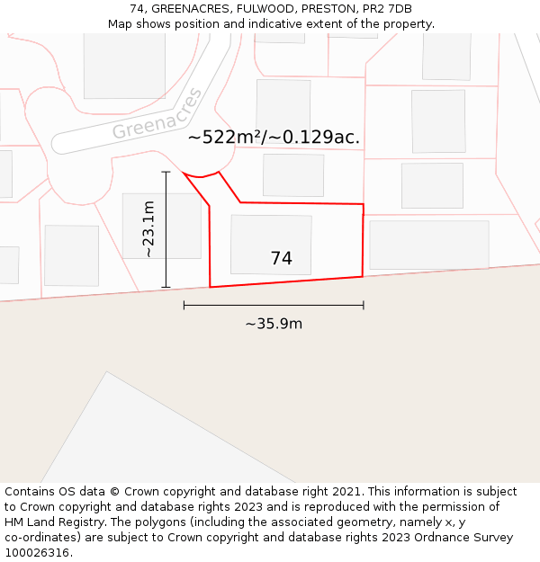 74, GREENACRES, FULWOOD, PRESTON, PR2 7DB: Plot and title map