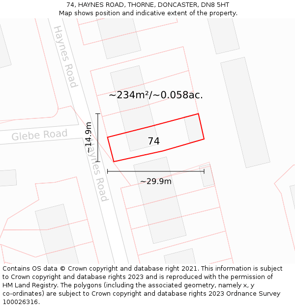 74, HAYNES ROAD, THORNE, DONCASTER, DN8 5HT: Plot and title map