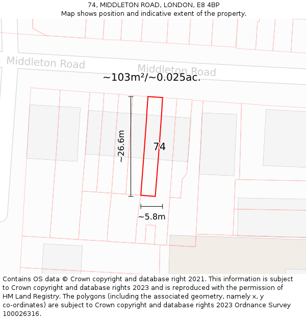 74, MIDDLETON ROAD, LONDON, E8 4BP: Plot and title map