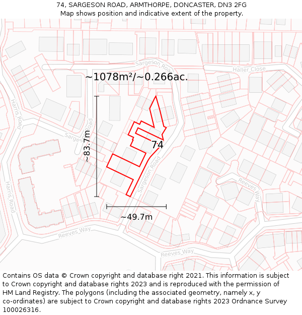 74, SARGESON ROAD, ARMTHORPE, DONCASTER, DN3 2FG: Plot and title map