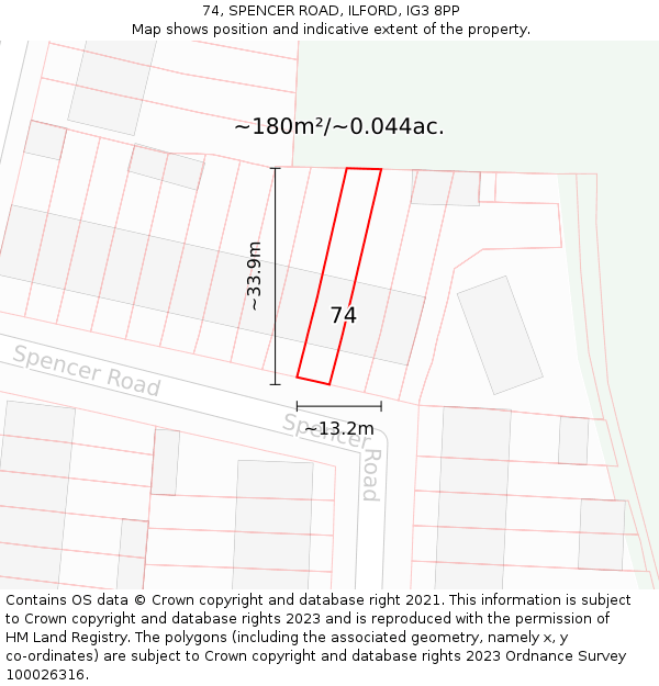 74, SPENCER ROAD, ILFORD, IG3 8PP: Plot and title map