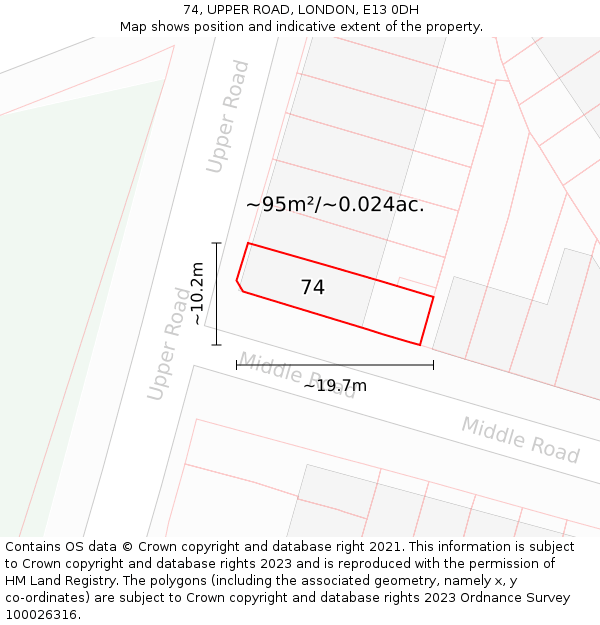 74, UPPER ROAD, LONDON, E13 0DH: Plot and title map
