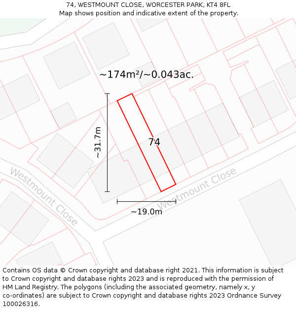 74, WESTMOUNT CLOSE, WORCESTER PARK, KT4 8FL: Plot and title map